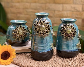 Sunflower Pottery Vase, Unique Ceramic Vase Floating Sunflower Design, Handmade Flower Vase, Bat Trang Premium Pottery Village, Gift Idea