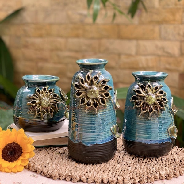 Sunflower Pottery Vase, Unique Ceramic Vase Floating Sunflower Design, Handmade Flower Vase, Bat Trang Premium Pottery Village, Gift Idea