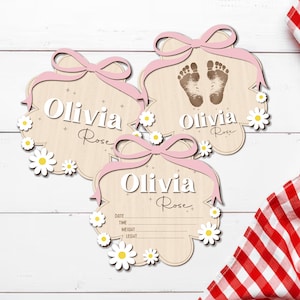 Custom Name Birth Announcement Sign, Baby Announcement Sign, Pink Bow Coquette Baby Name Sign, Baby Girl Name Sign, Daisy Baby Shower Gift