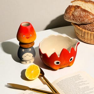 Handmade Calcifer Inspired Matcha Bowl & Whisk Set, Cute Anime Fire Spirit Tea Ceremony Gift, Matcha bowl anime, Kitchen Home Decor