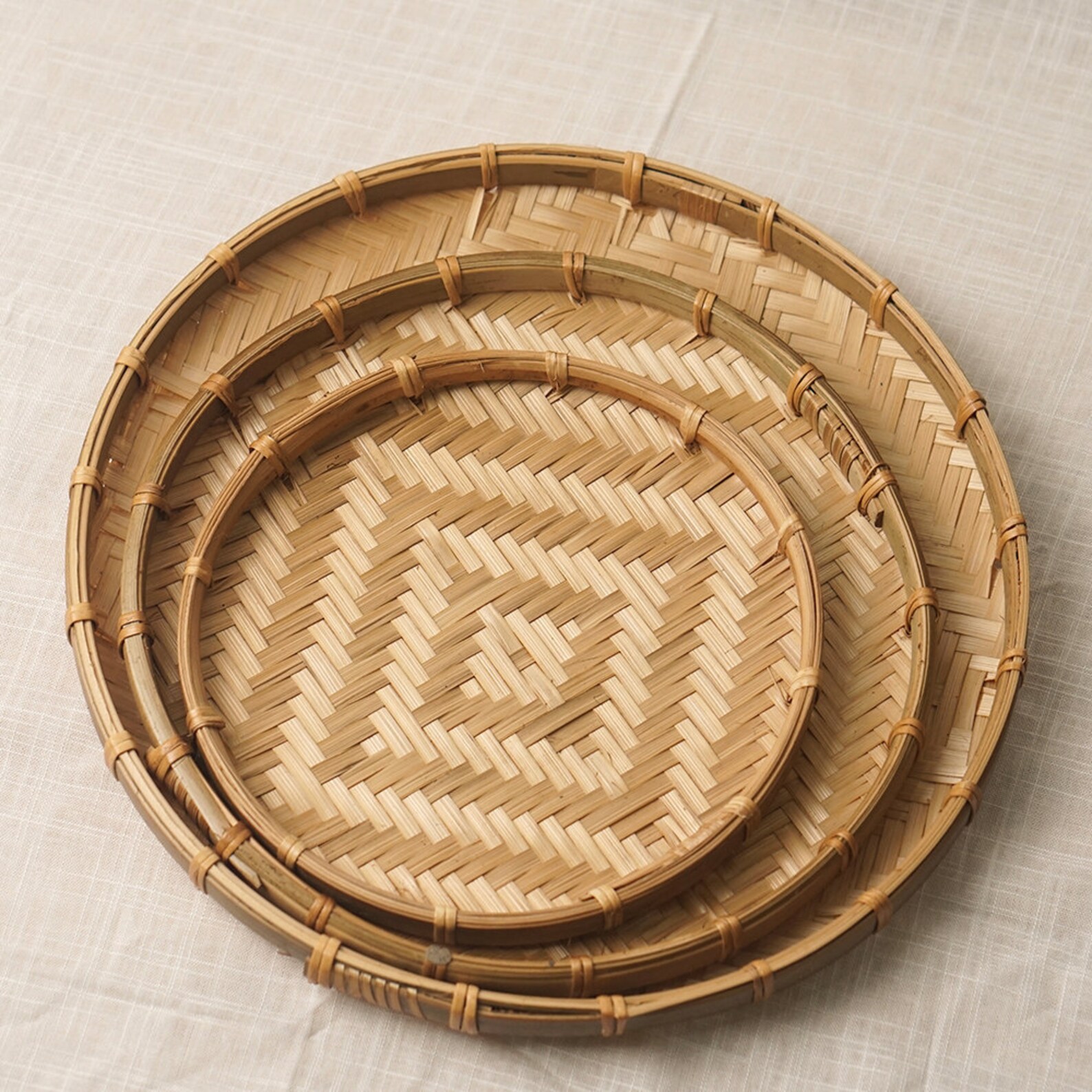Set 3 Round Woven Bamboo Tray Bamboo Wall Basket Bamboo Etsy