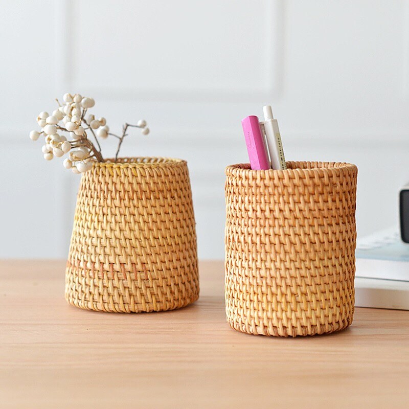 Rustic Rattan Pencil Holder Rattan Vase Make Up Brush Pot Etsy