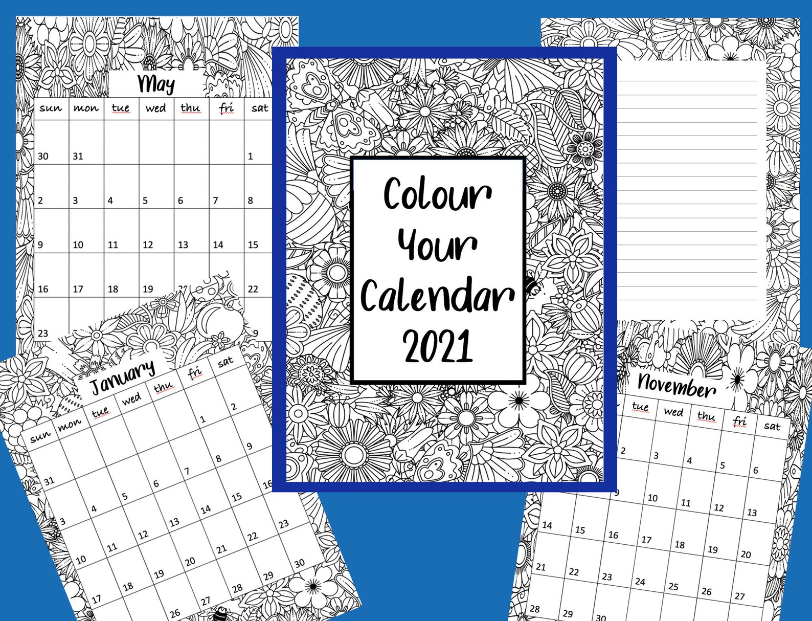Color Your Own Calendar Printable 2021 Calendar Colorable Etsy