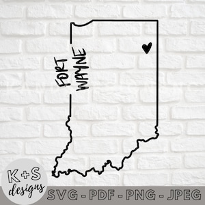 May include: Black and white outline of the state of Indiana with the words "Fort Wayne" written vertically on the left side of the state. A small heart is in the upper right corner of the state.