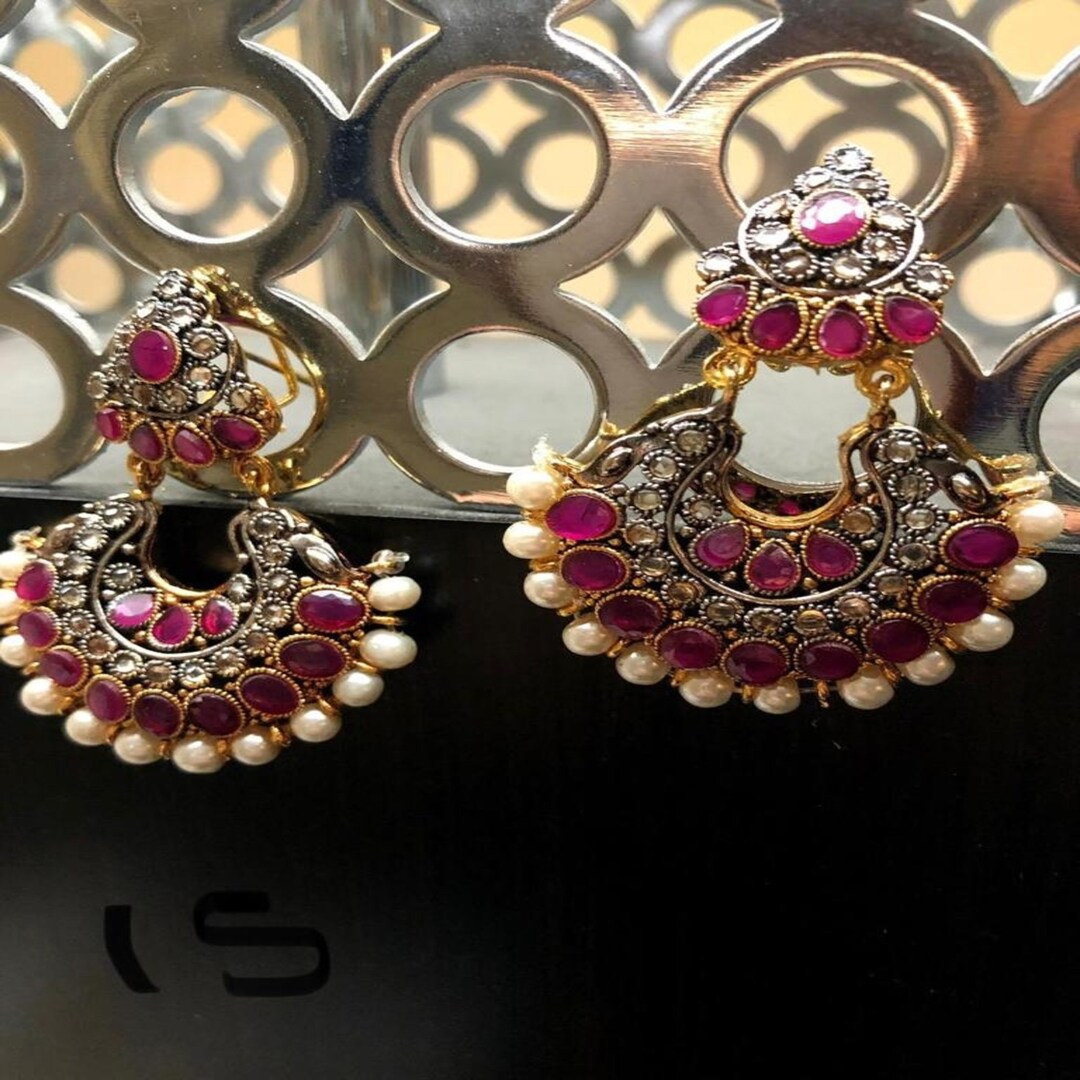 Boucles D'oreilles Indiennes Kundan Jhumka - Plaqué Or, Perles Rouges, Coffret Cadeau, Neuf