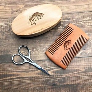 Personalized Beard Comb Wooden Brush Gift for Him Personalized Father Day Gift wedding Gift Beard Boyfriend Custom Gift Dad Husband Mustache Comb fishermen gift Walley bass fish logo monogram