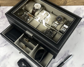 Personalized Leather Watch Box Watch Storage with Drawer Jewelry Watch Organizer Double Layer Case  Fathers Day Gift for Best Man