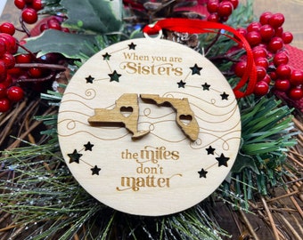 Personalized Siblings Wooden Christmas Ornament, Miles apart, Personalized Family Ornament, Long Distance Ornament, Togetherness Ornament