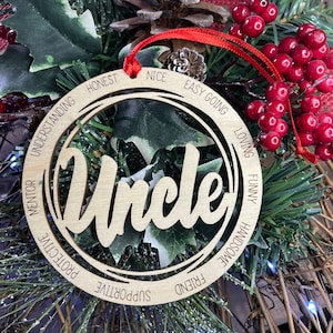 UNCLE Christmas Wood Ornament, Laser Engraved Papa, Super Dad, Uncle, Grandpa Ornament Gift, Bauble Gift, Wood Christmas Tree, ECO NATURAL
