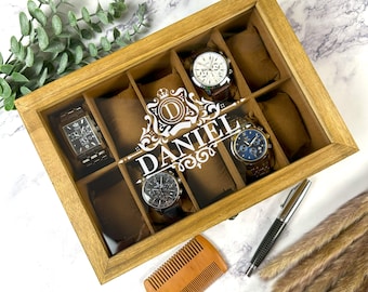 Engraved Wooden 12 Watch Box for Men: Personalized Anniversary Gift Case Custom Storage Monogram
