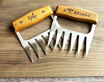 Personalized BBQ Meat Claw Shredders Wooden Barbeque Meat Claws Stainless Steel Tools BBQ Meat Lovers Gift Set of 2 Meat Claws Gift for Him