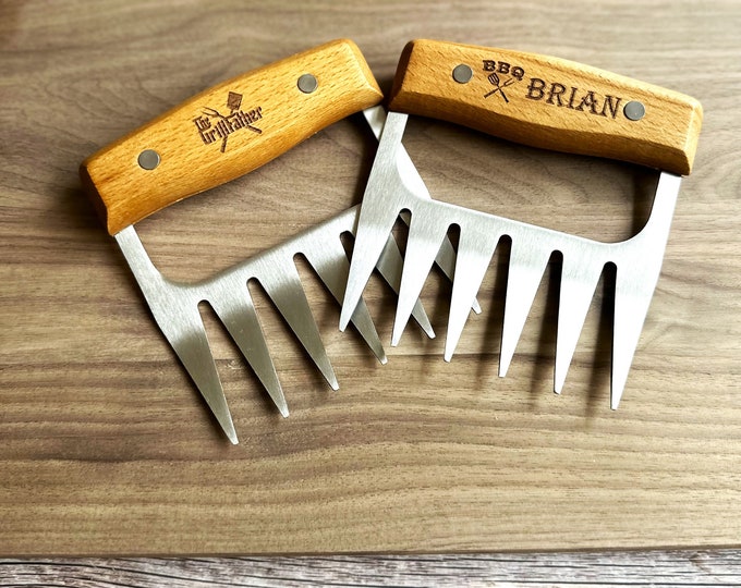 Personalized BBQ Meat Claw Shredders Wooden Barbeque Meat Claws Stainless Steel Tools BBQ Meat Lovers Gift Set of 2 Meat Claws Gift for Him