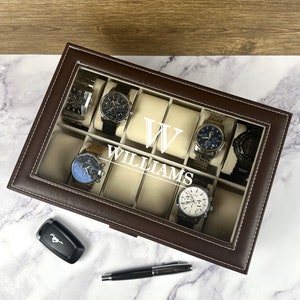 Gepersonaliseerde houten horlogedoos Aangepaste sieradendoos Horloge-organizer Horlogeopslag Gegraveerde horlogedoos Heren horlogedoos Cadeau heren Jubileum