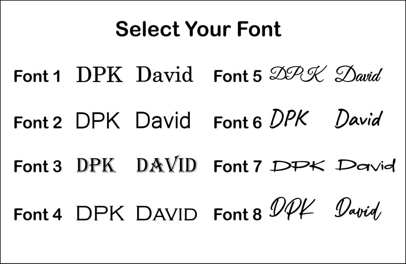 Puede incluir: Se muestran ocho estilos de fuente diferentes con el texto "DPK David" en cada estilo.  "Seleccione su fuente" es el t&iacute;tulo de la imagen.