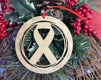 Breast Cancer Survivor Christmas Ornament, CANCER Ribbon 2022 Gift Ornament, Awareness Ribbon, Hope ornament, Wood Christmas Tree, Believe