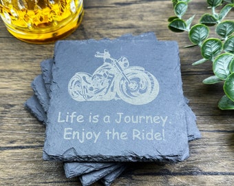 Personalized Slate Coaster Set Life is a Journey Engraved Drink Coasters Fathers Day Gift Anniversary Christmas Gift Biker Motorcycle Gifts