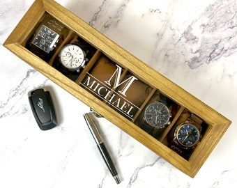 Gepersonaliseerde houten horlogekast Aangepaste horlogedoos voor mannen Horlogeorganisator Gepersonaliseerd cadeau voor hem Echtgenoot Kerstcadeau Groomsman Gift Papa