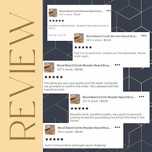 May include: Two product reviews with five star ratings. The first review is for a wooden beard comb and the text reads 'Excellent craftsmanship. However there was an error in the Sr.' The second review is for a cat family Christmas ornament and the text reads 'Great customer service & beautiful work.