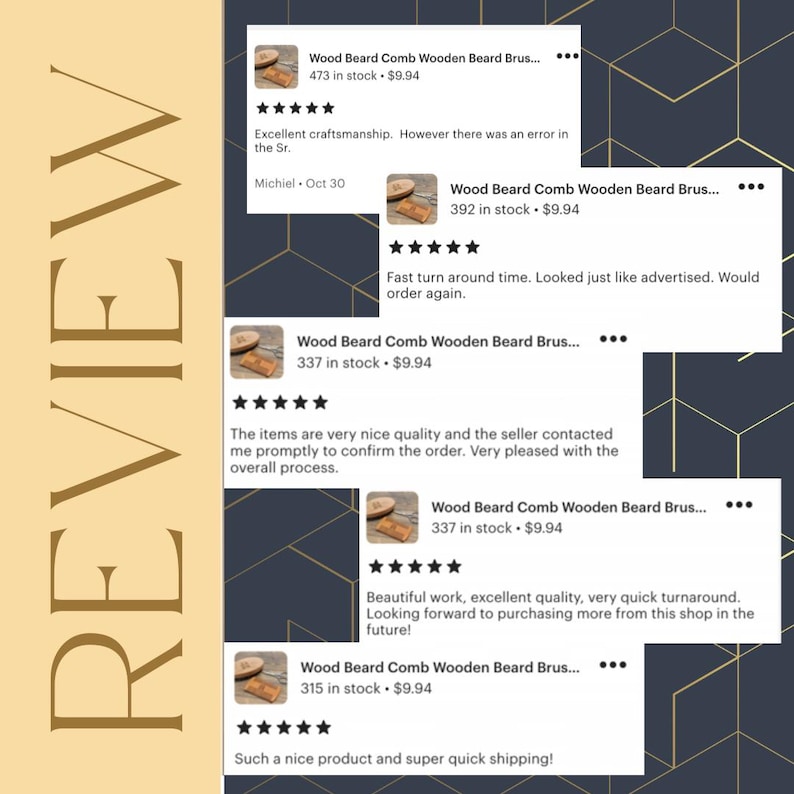 May include: Two product reviews with five star ratings. The first review is for a wooden beard comb and the text reads 'Excellent craftsmanship. However there was an error in the Sr.' The second review is for a cat family Christmas ornament and the text reads 'Great customer service & beautiful work.