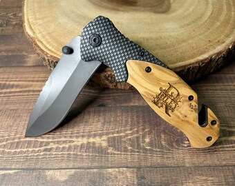 Engraved Wood Handle Pocket Knife, Personalized Folding Knife Monogram Husband Hunting Camping Gear Fishing