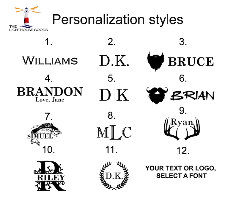 Puede incluir: Un gr&aacute;fico que muestra 12 estilos de personalizaci&oacute;n diferentes para un producto. Los estilos incluyen nombres, iniciales, un pez, astas, una barba y un monograma. Tambi&eacute;n se incluye el texto "Su texto o logotipo, seleccione una fuente".