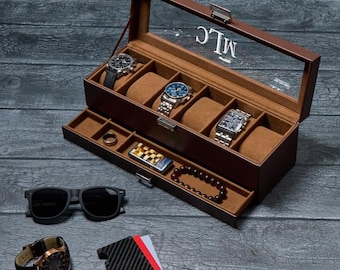 Personalized Leather Watch Box Double Layer Jewelry Storage 6 Slots Engraved Gift Case with Drawer Jewelry