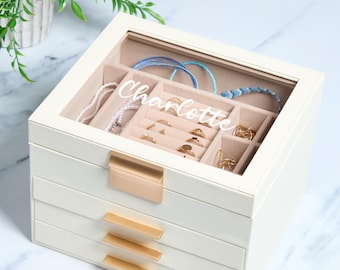 Personalized Jewelry Box for Women Organizer with 3 or 2 Drawers for Women's Jewelry Collection Rings Necklaces Earrings Storage