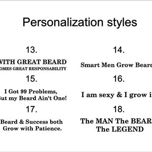 Puede incluir: Un fondo blanco con texto negro. El texto dice "Estilos de personalizaci&oacute;n" y enumera 5 refranes diferentes relacionados con la barba. Los refranes est&aacute;n numerados del 13 al 18.