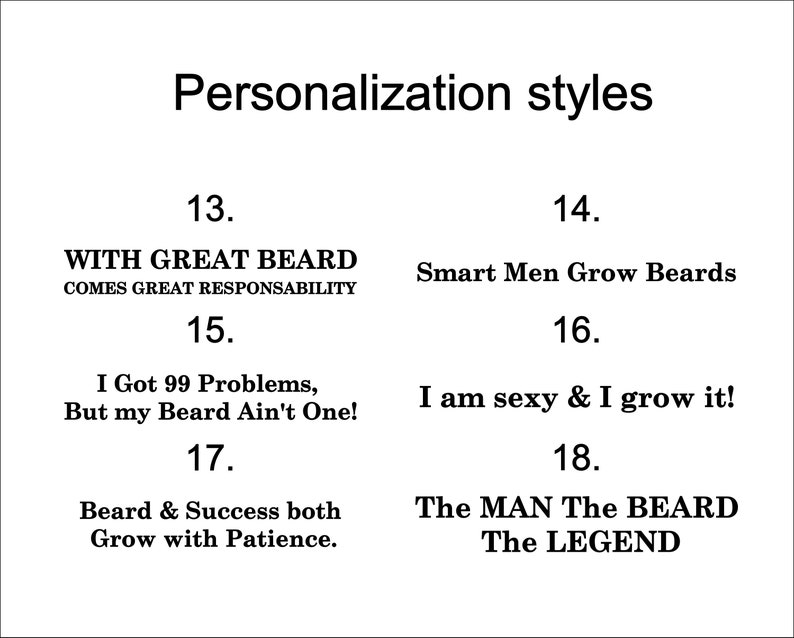Puede incluir: Un fondo blanco con texto negro. El texto dice "Estilos de personalizaci&oacute;n" y enumera 5 refranes diferentes relacionados con la barba. Los refranes est&aacute;n numerados del 13 al 18.