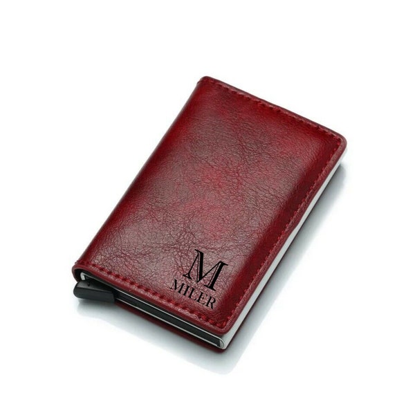 Personalized Red Wallet, Gift for Him or her,  Husband Gift, Monogram Engraved Wallet, Automatic Pop-Up Card Holder, Leather Custom Wallet