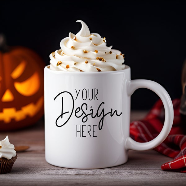 Printify Mug Mockup for Halloween with a Pumpkin and Whipped Cream, Halloween Mug Mock Up Template, Halloween Mockups, Ceramic Mug Mock Up