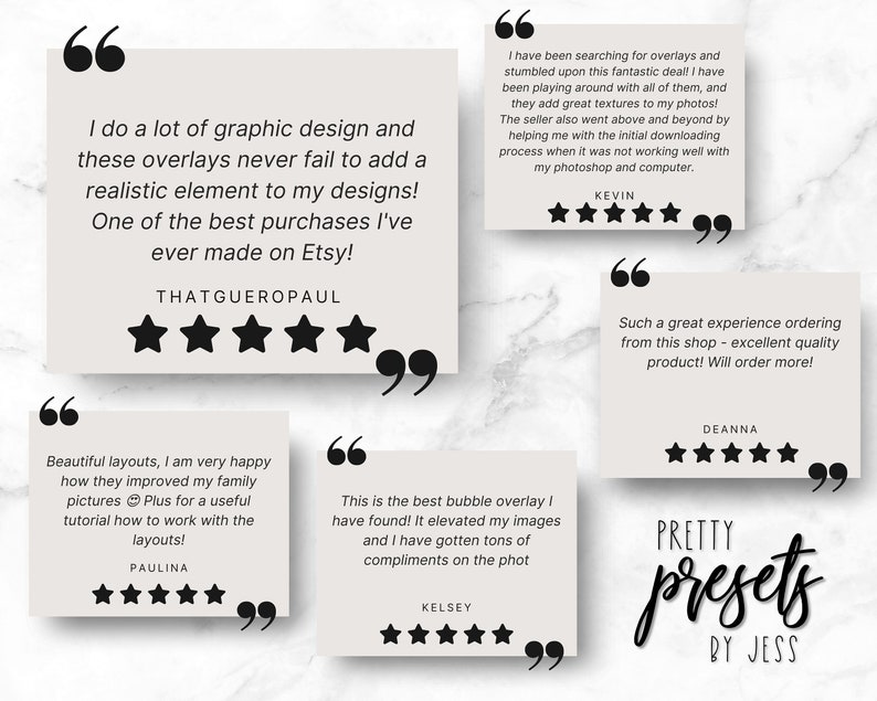 K&ouml;nnte beinhalten: Eine Collage von Kundenrezensionen f&uuml;r ein digitales Produkt namens "Pretty Presets by Jess". Die Rezensionen sind positiv und heben die Qualit&auml;t des Produkts hervor. Die Rezensionen werden auf einem wei&szlig;en Hintergrund mit schwarzem Text und schwarzen Anf&uuml;hrungszeichen angezeigt.