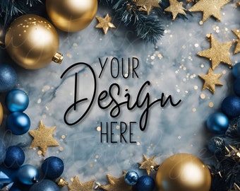 Christmas Flatlay, blue and gold digital flatlay for Christmas featuring blue marble backdrop and gold ornaments, Christmas digital backdrop