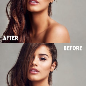 K&ouml;nnte beinhalten: Vorher-Nachher-Foto einer Frau mit langen braunen Haaren. Das Foto links zeigt die Frau mit Make-up, w&auml;hrend das Foto rechts die Frau ohne Make-up zeigt.