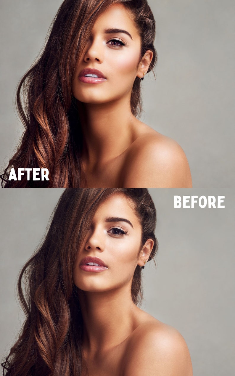 K&ouml;nnte beinhalten: Vorher-Nachher-Foto einer Frau mit langen braunen Haaren. Das Foto links zeigt die Frau mit Make-up, w&auml;hrend das Foto rechts die Frau ohne Make-up zeigt.