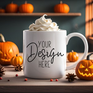 Pumpkin Coffee Mug Mockup 15oz with Whipped Cream and Pumpkins, Autumn Mug Mockup, White Mug Mockup, Blank Mug Mock Ups, Fall Mug Mockups