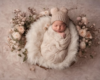 Floral Newborn Digital Composite Baby Girl Photography Digital Backdrop, Pink Newborn Backdrop with Flowers and a Couch for Photoshop Edits