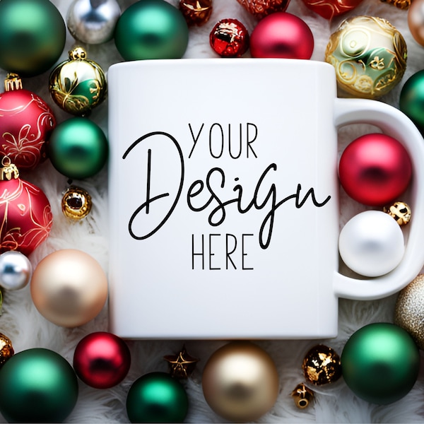 Coffee Mug Mockup with Christmas Ornaments, Coffee Cup Christmas Mockup, Holiday Ceramic Mug Mock Up with Christmas Decor, White Mug Mockups