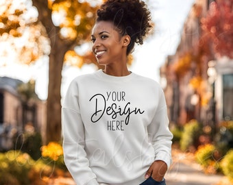 Gildan 18000 White Mockup Gildan 18000 Mockup Bundle, Model Mockup Sweatshirt Mock Ups, White Sweater Mockup, Womens Shirt Mockup Fall Model