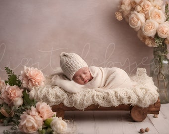 Newborn Bed Digital Composite Baby Girl Photography Digital Backdrop, Pink Newborn Backdrop with Flowers and a Bed for Photoshop Edits