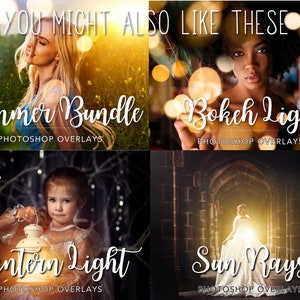May include: A collage of four images showcasing different Photoshop overlays. The top left image features a woman with blonde hair in a field with a summery background. The text "Summer Bundle" is overlaid on the image. The top right image features a woman with dark hair and a bokeh light background. The text "Bokeh Light" is overlaid on the image. The bottom left image features a young girl holding a lantern in a forest setting. The text "Lantern Light" is overlaid on the image. The bottom right image features a woman in a white dress walking through a doorway with a sun ray effect. The text "Sun Rays" is overlaid on the image. All four images have the text "PHOTOSHOP OVERLAYS" below the title.