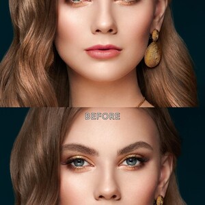 K&ouml;nnte beinhalten: Vorher-Nachher-Foto einer Frau mit Make-up. Die Frau hat langes braunes Haar, blaue Augen und tr&auml;gt goldene Ohrringe. Das Foto links zeigt die Frau mit minimalem Make-up, w&auml;hrend das Foto rechts die Frau mit vollem Make-up zeigt.