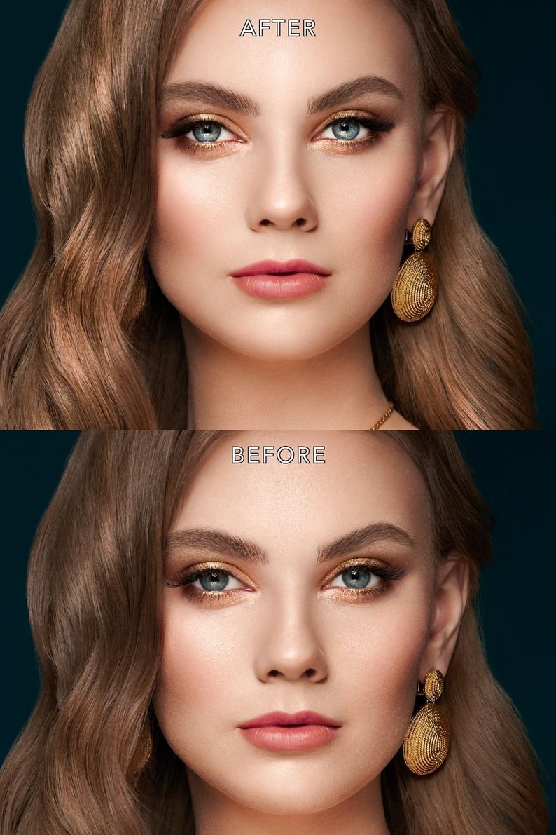 K&ouml;nnte beinhalten: Vorher-Nachher-Foto einer Frau mit Make-up. Die Frau hat langes braunes Haar, blaue Augen und tr&auml;gt goldene Ohrringe. Das Foto links zeigt die Frau mit minimalem Make-up, w&auml;hrend das Foto rechts die Frau mit vollem Make-up zeigt.