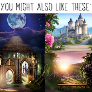 May include: A collage of three fantasy-themed digital backgrounds. The first image shows a moonlit sky with a wooden path leading up to a large, full moon. The second image shows a castle with a path leading up to it, surrounded by pink flowers. The third image shows a path leading through a forest with a bench at the end of the path.