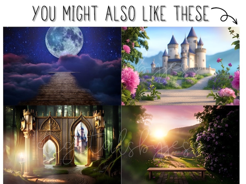 May include: A collage of three fantasy-themed digital backgrounds. The first image shows a moonlit sky with a wooden path leading up to a large, full moon. The second image shows a castle with a path leading up to it, surrounded by pink flowers. The third image shows a path leading through a forest with a bench at the end of the path.