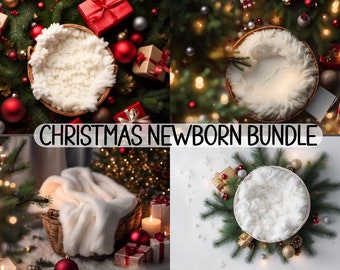 May include: Four digital backdrops for newborn photography featuring a white faux fur basket with a Christmas theme. The backdrops include a green Christmas tree with red ornaments, a white background with a green Christmas tree, a white background with a green Christmas tree and a white faux fur basket, and a white background with a white faux fur basket and a green Christmas tree.