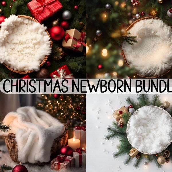 Christmas Newborn Digital Backdrop with Christmas Tree Fir Branches and Pinecones, Newborn Photography, Overhead Newborn Photo, Composite