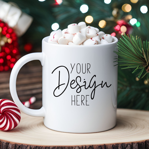 Printful Mug Mockup for Christmas Mug Designs, Coffee Mug SVG Christmas Mockup, Holiday Ceramic Mug Mock Up with Marshmallows and Candy Cane