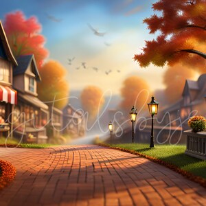 Fall Photo Digital Backdrop for Photography, Autumn Digital Fairytale Backdrops for Photoshop Edits, Cartoon Fantasy Backdrop of a Fall Town
