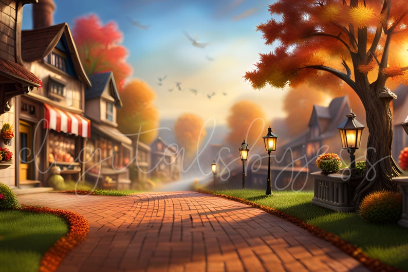 Backdrop Rendering Town Fall Photo Digital Backdrop for Photography, Autumn Digital Fairytale ...